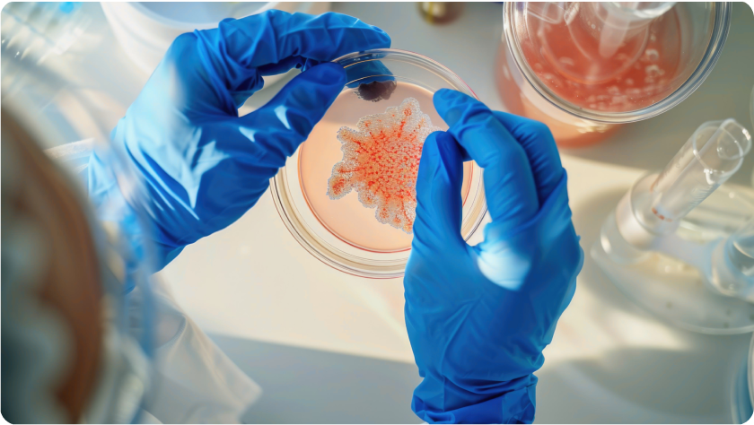 Researcher examining a bacterial culture in a petri dish